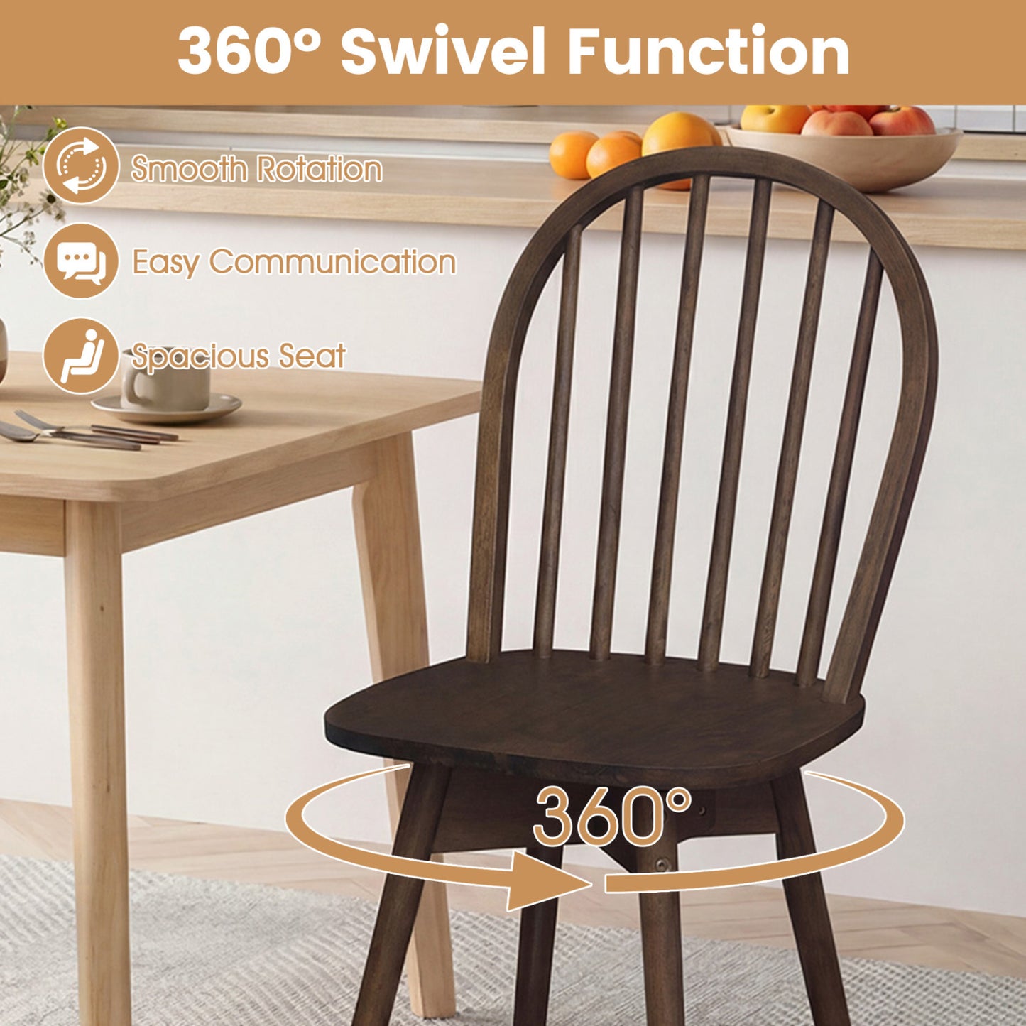 Swivel Windsor Dining Chairs Set of 4 - Solid Rubber Wood