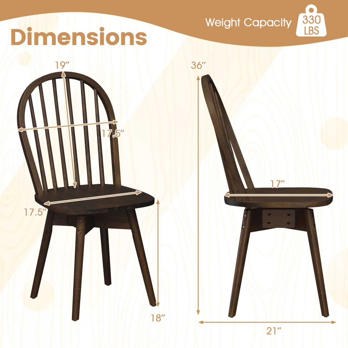 Swivel Windsor Dining Chairs Set of 2 - Solid Rubber Wood