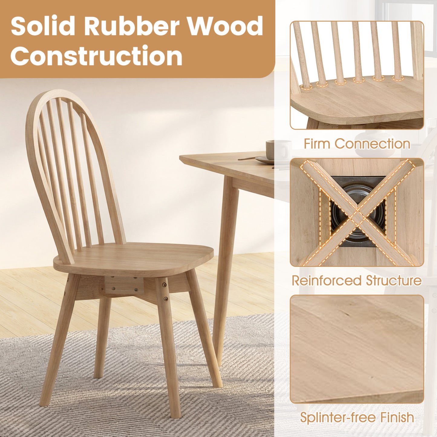 Swivel Windsor Dining Chairs Set of 2 - Solid Rubber Wood