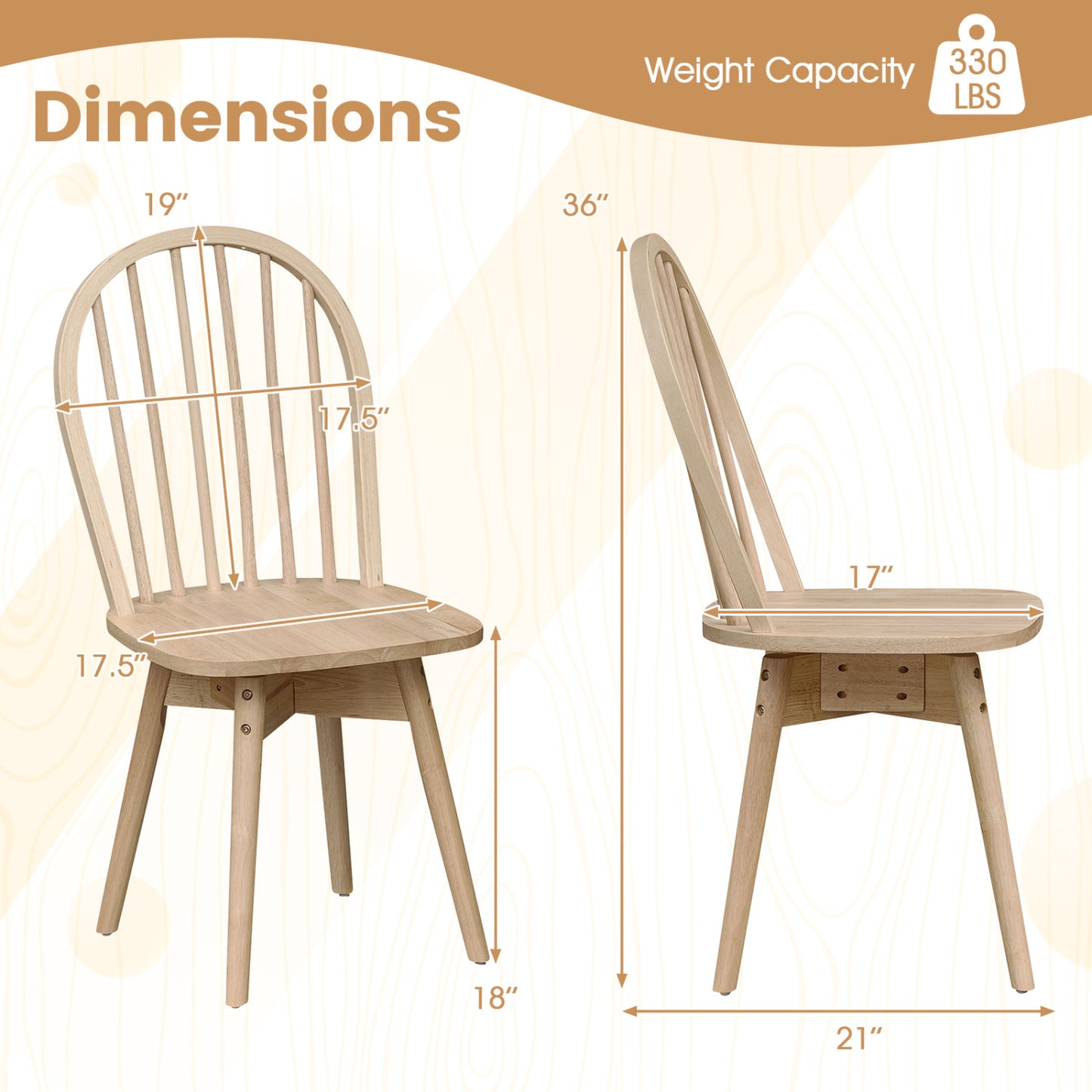 Swivel Windsor Dining Chairs Set of 2 - Solid Rubber Wood