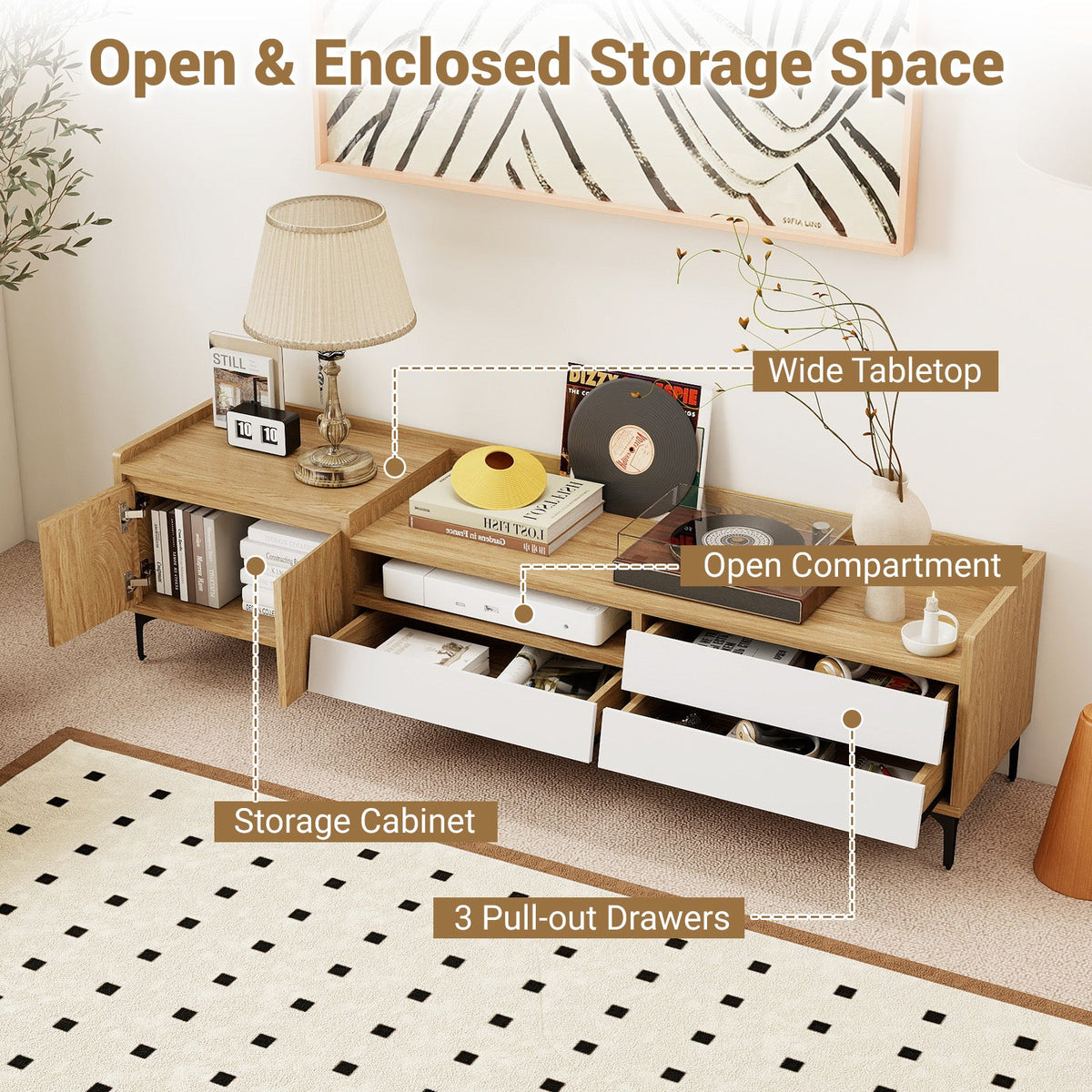 TV Stand for TVs up to 80 Inch Mid Century Modern Entertainment Center with Storage Cabinet-Natural