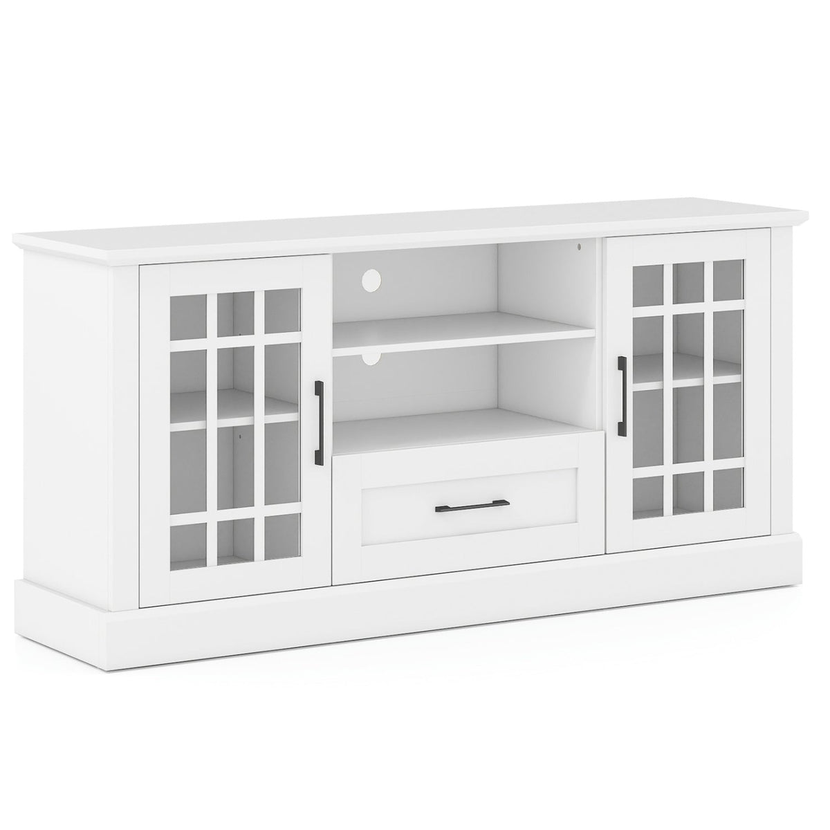 TV Stand for TVs up to 70 with Glass Doors Cubbies and Drawer