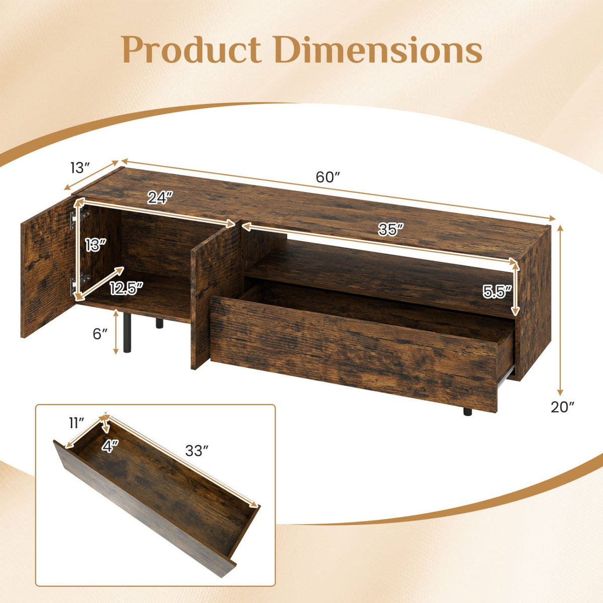 TV Stand for TVs up to 70" with Storage Cabinet and Metal Legs