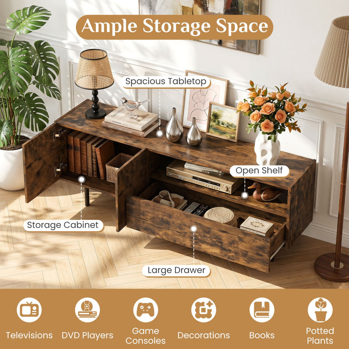 TV Stand for TVs up to 70" with Storage Cabinet and Metal Legs