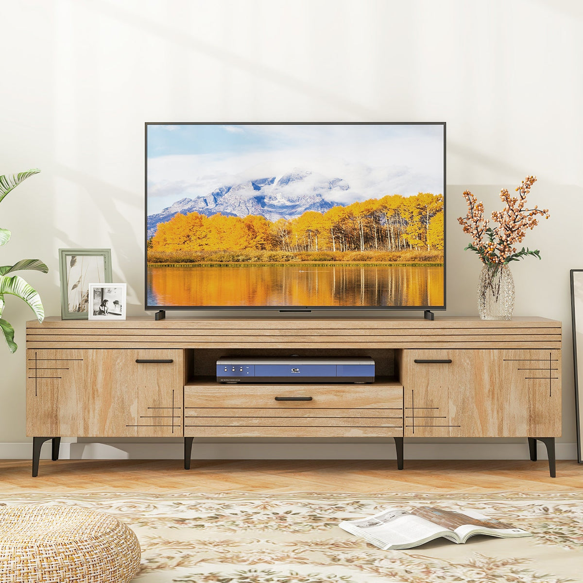 TV Stand with 2 Cabinets and Storage Drawer for 65 Inches TVs-Oak