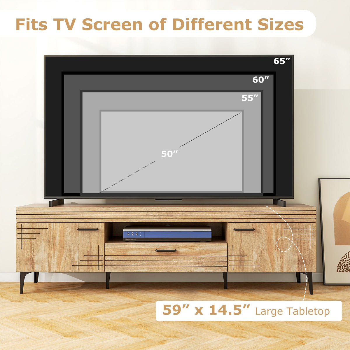 TV Stand with 2 Cabinets and Storage Drawer for 65 Inches TVs-Oak