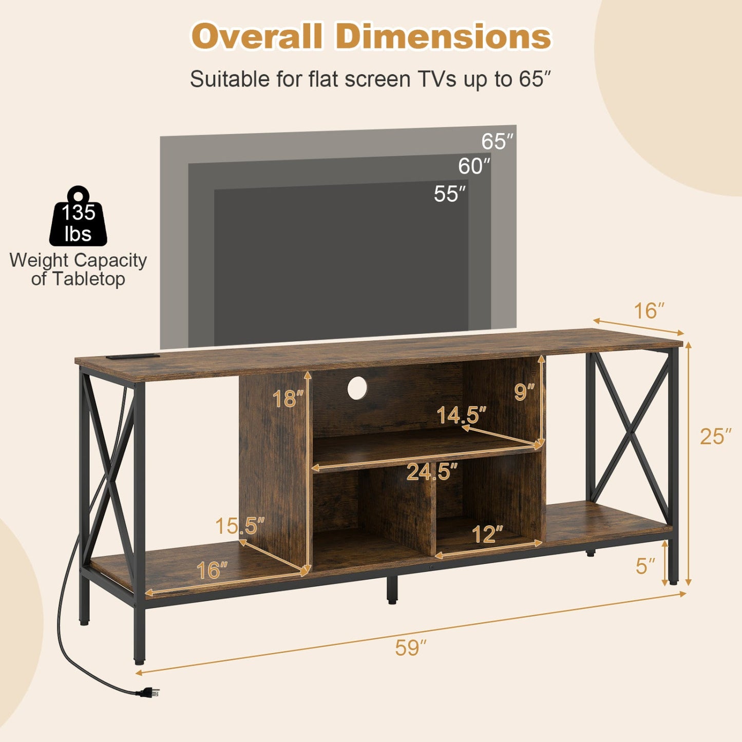 TV Stand with LED Lights for 65 Inch TV Entertainment Center with Power Outlets