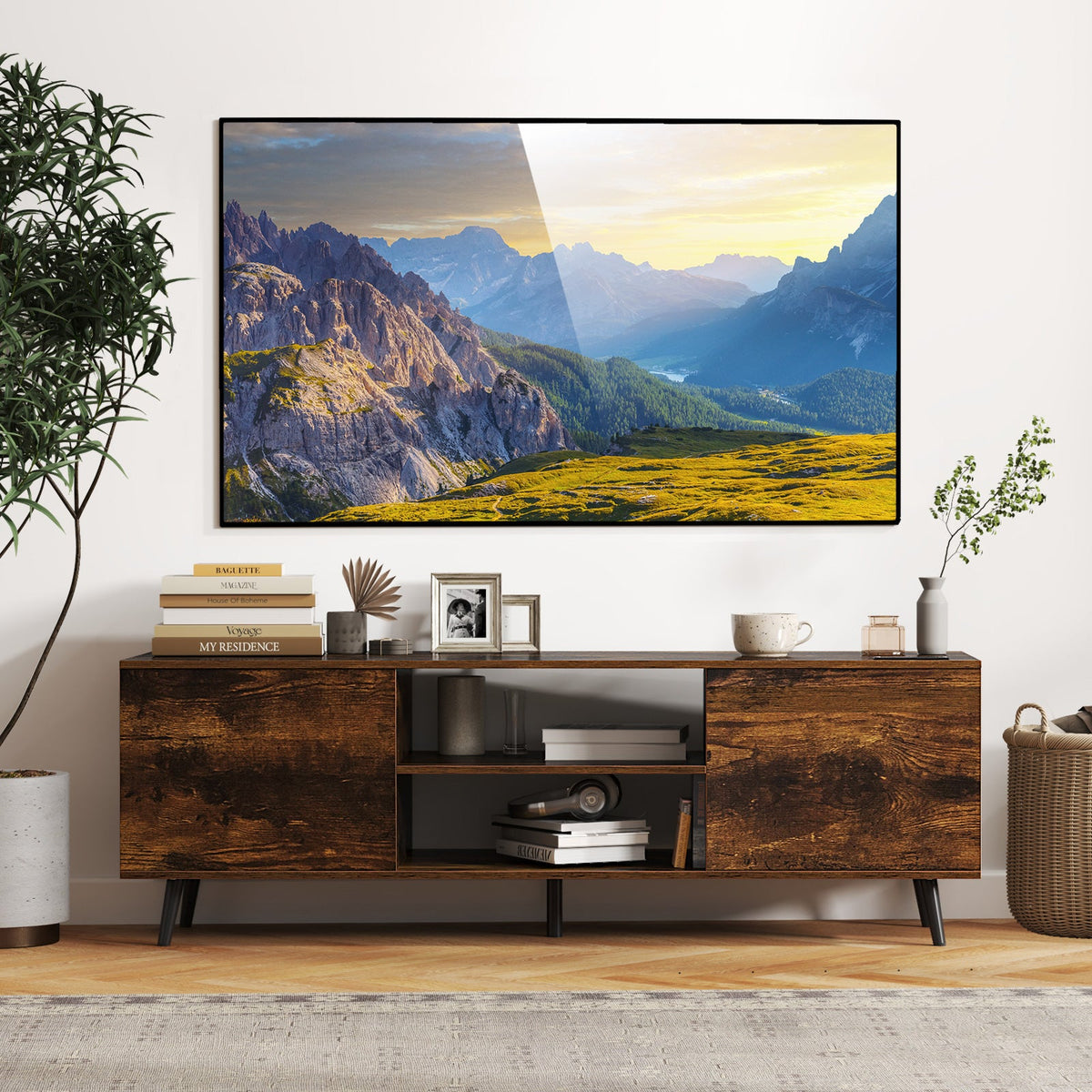 TV Stand with Power Outlets and Adjustable Shelf for 60 Inch TVs