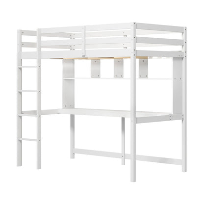 Twin Loft Bed with Desk and Shelves - White