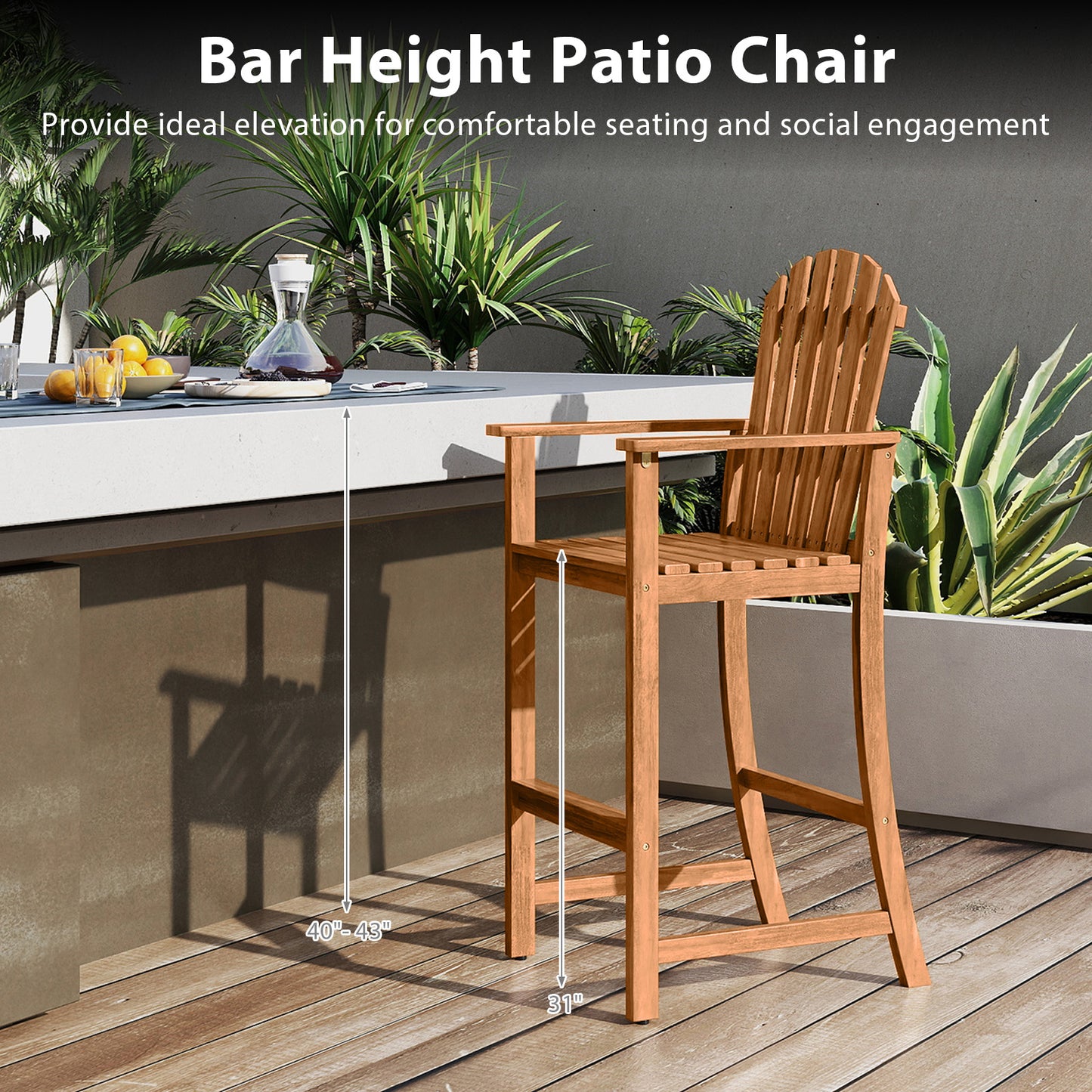 Tall Adirondack Bar Chair with Footrest - Acacia Wood