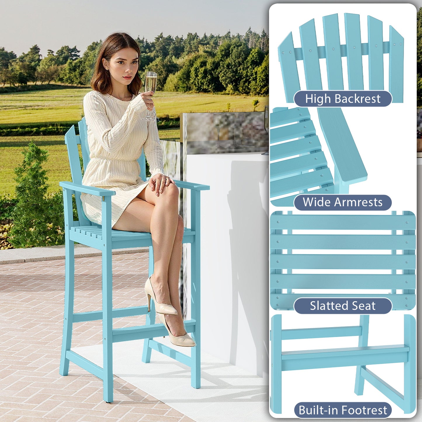 Tall Adirondack Bar Chair with Footrest - Acacia Wood