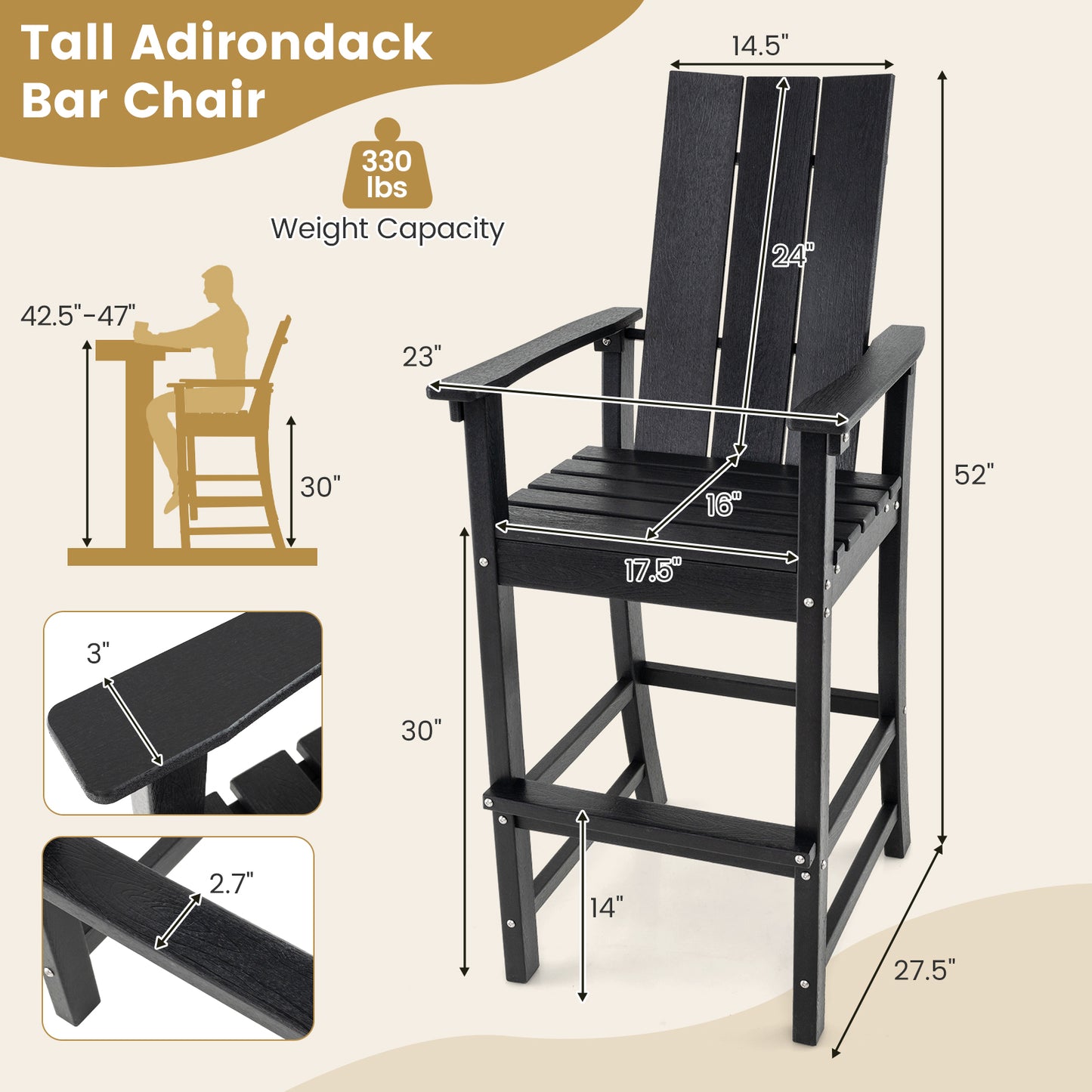 Tall Adirondack Bar Chair with Ergonomic High Back