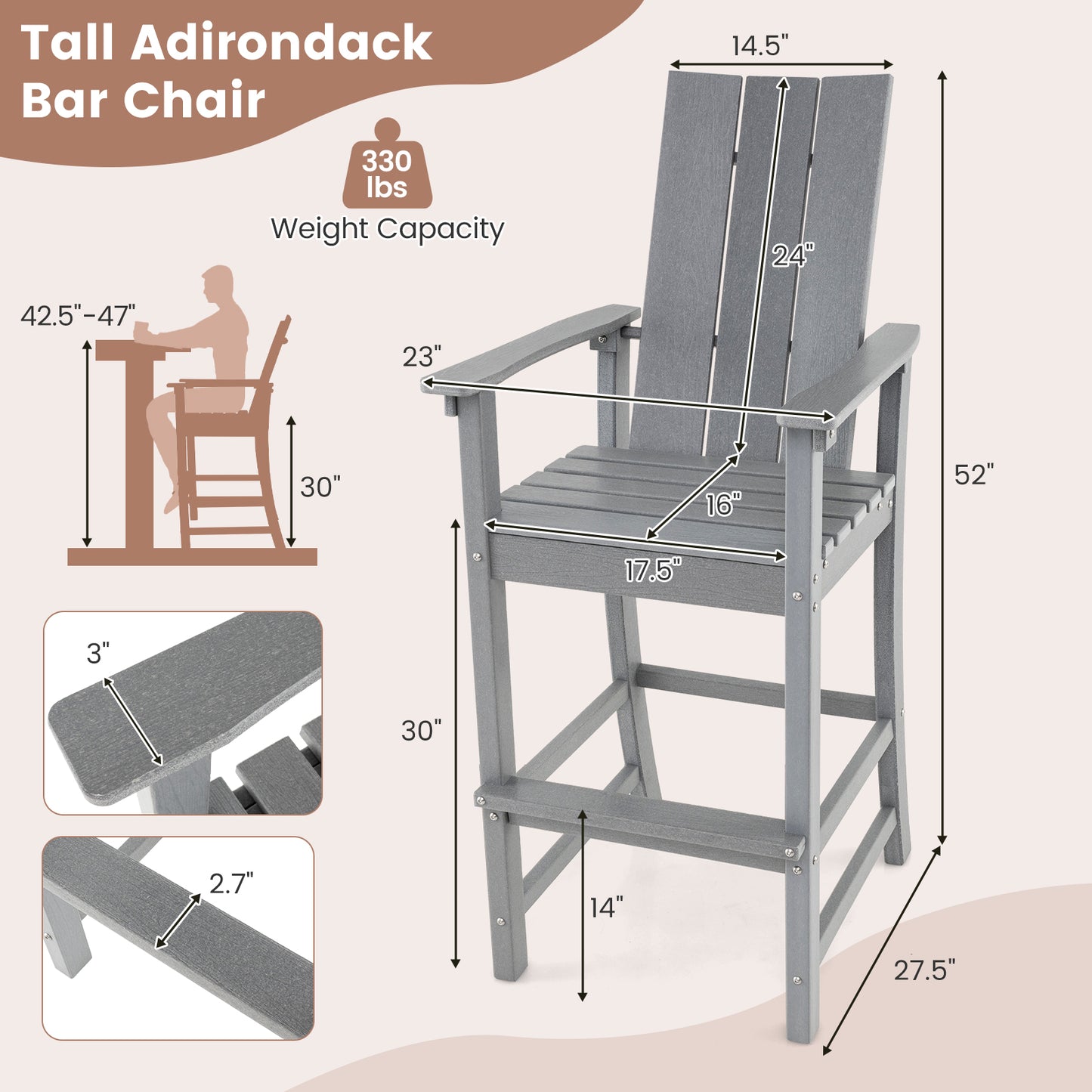 Tall Adirondack Bar Chair with Ergonomic High Back