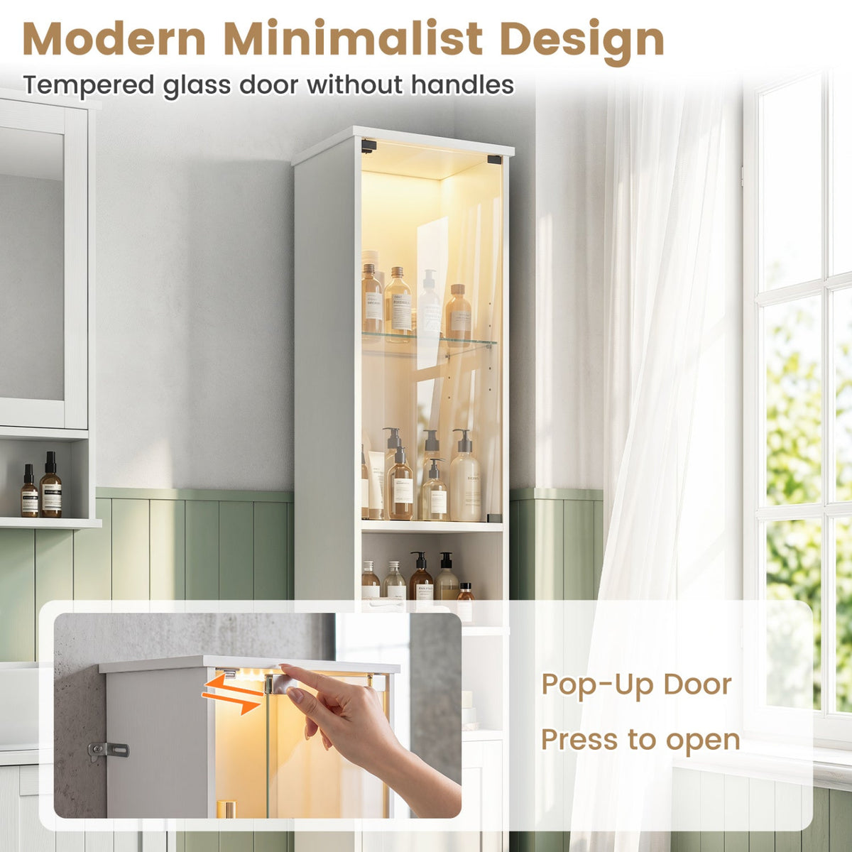 Tall Bathroom Storage Cabinet with LED Lights and Adjustable Shelves