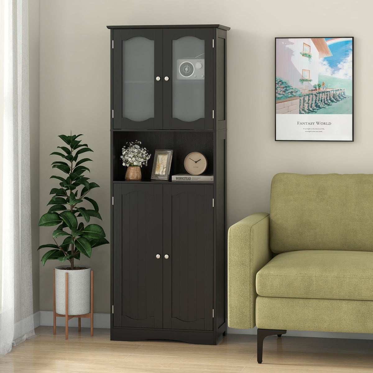 64.5 Inches Tall Bathroom Storage Cabinet with Frost Glass Doors and Shelves