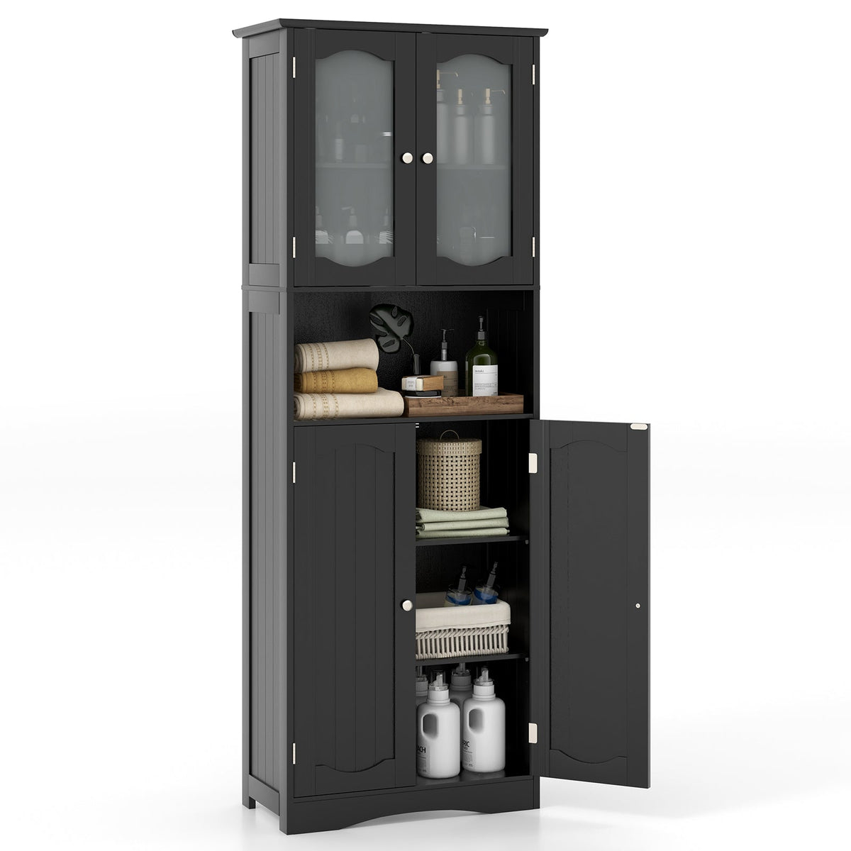 64.5 Inches Tall Bathroom Storage Cabinet with Frost Glass Doors and Shelves