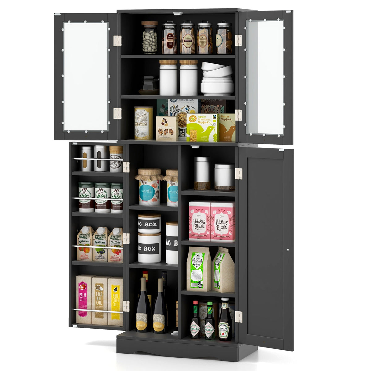 Tall Kitchen Pantry Cabinet with Dual Tempered Glass Doors and Shelves