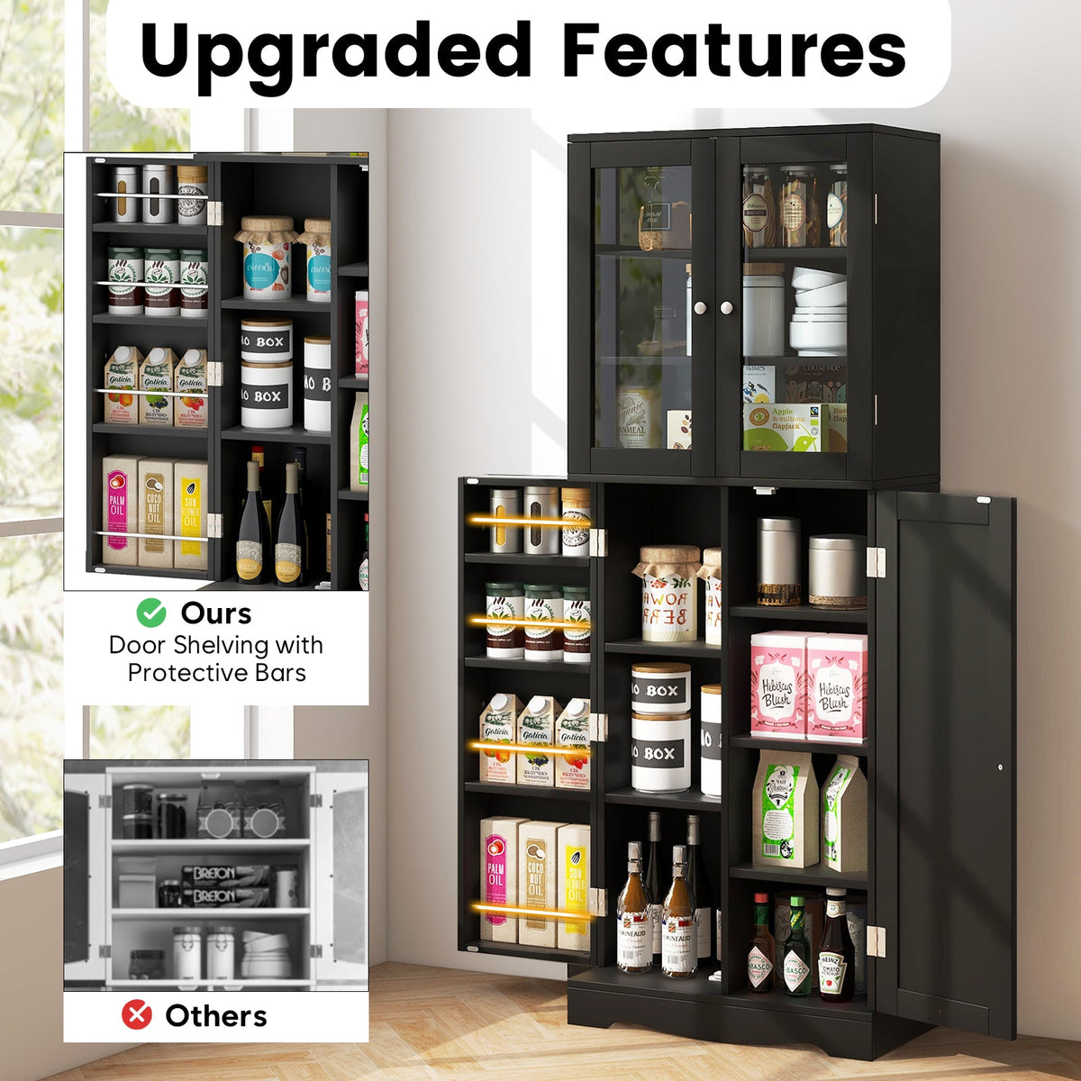 Tall Kitchen Pantry Cabinet with Dual Tempered Glass Doors and Shelves