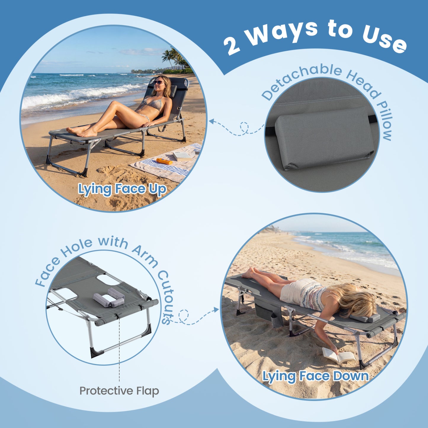 Tanning Chair with Face Hole & Adjustable Backrest - Gray