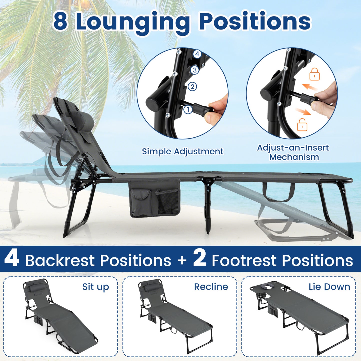 Folding Tanning Lounge Chair with Face and Arm Holes