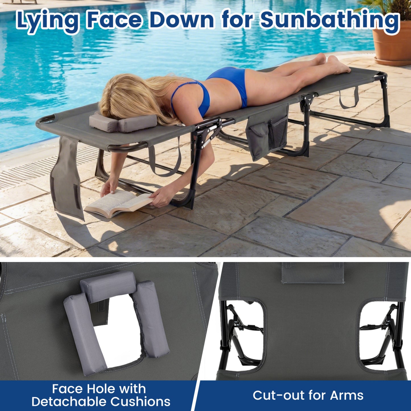 Folding Tanning Lounge Chair with Face and Arm Holes