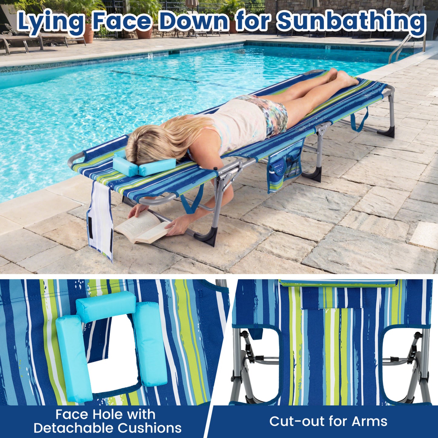 Folding Tanning Lounge Chair with Face and Arm Holes