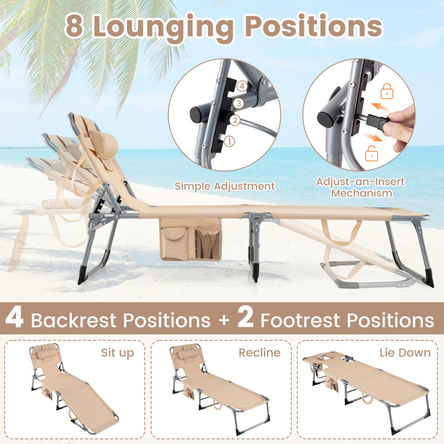 Folding Tanning Lounge Chair with Face and Arm Holes