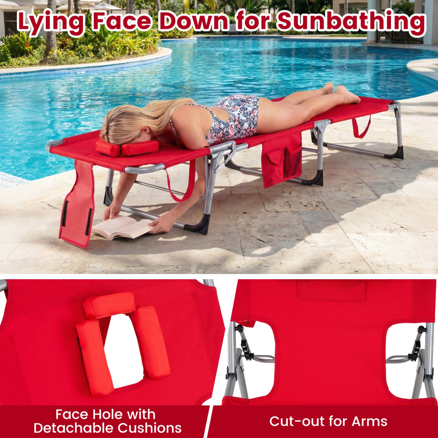Folding Tanning Lounge Chair with Face and Arm Holes