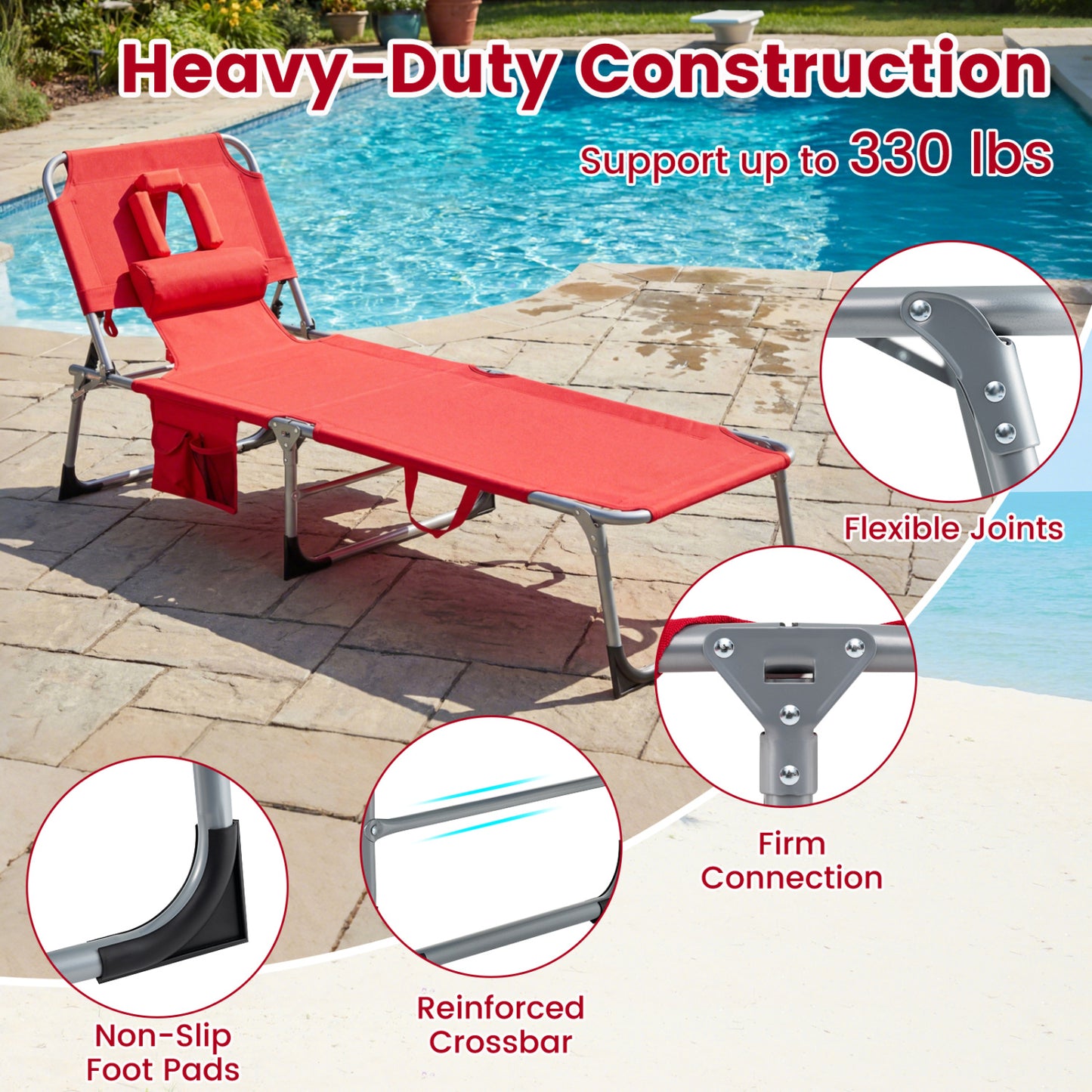 Folding Tanning Lounge Chair with Face and Arm Holes