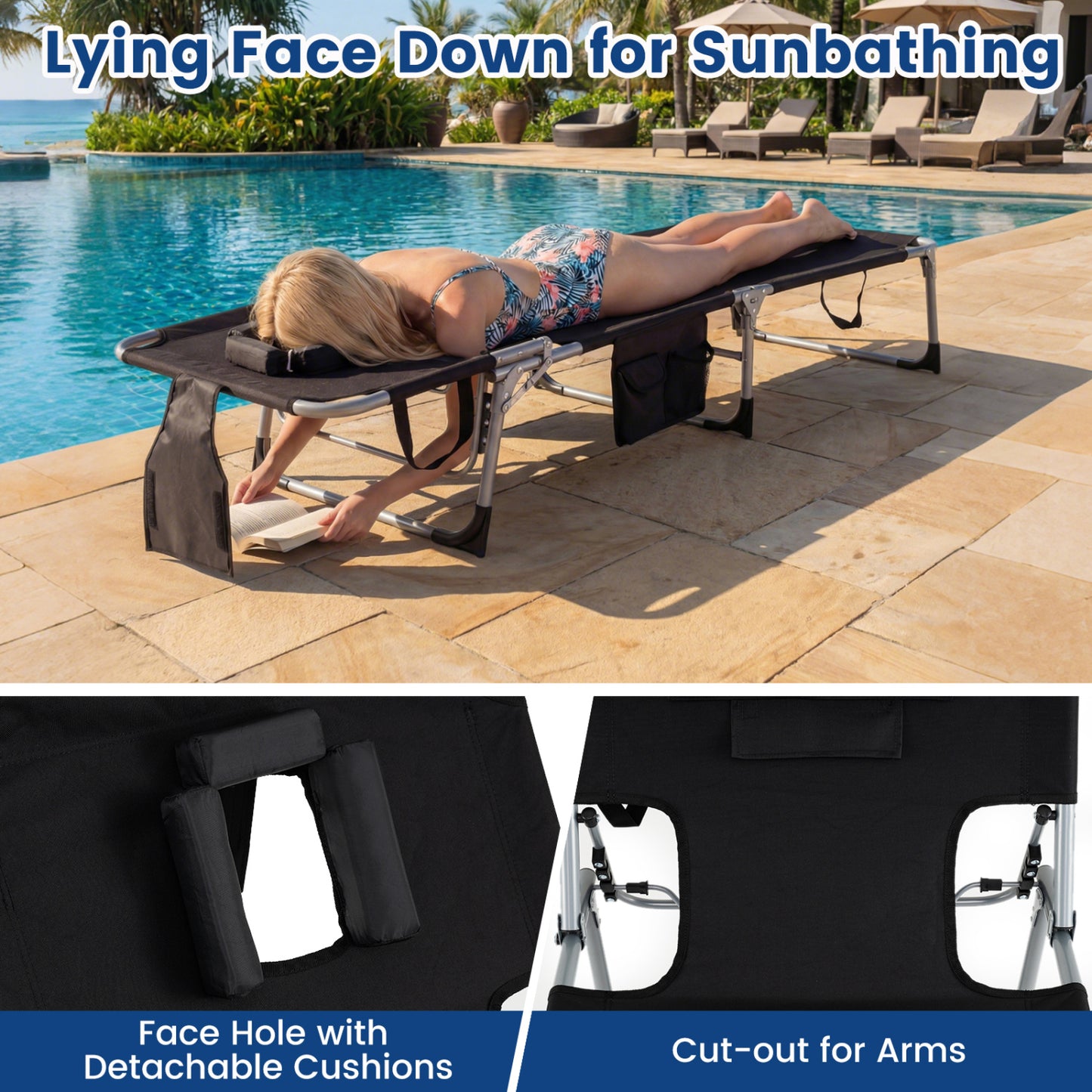 Folding Tanning Lounge Chair with Face and Arm Holes
