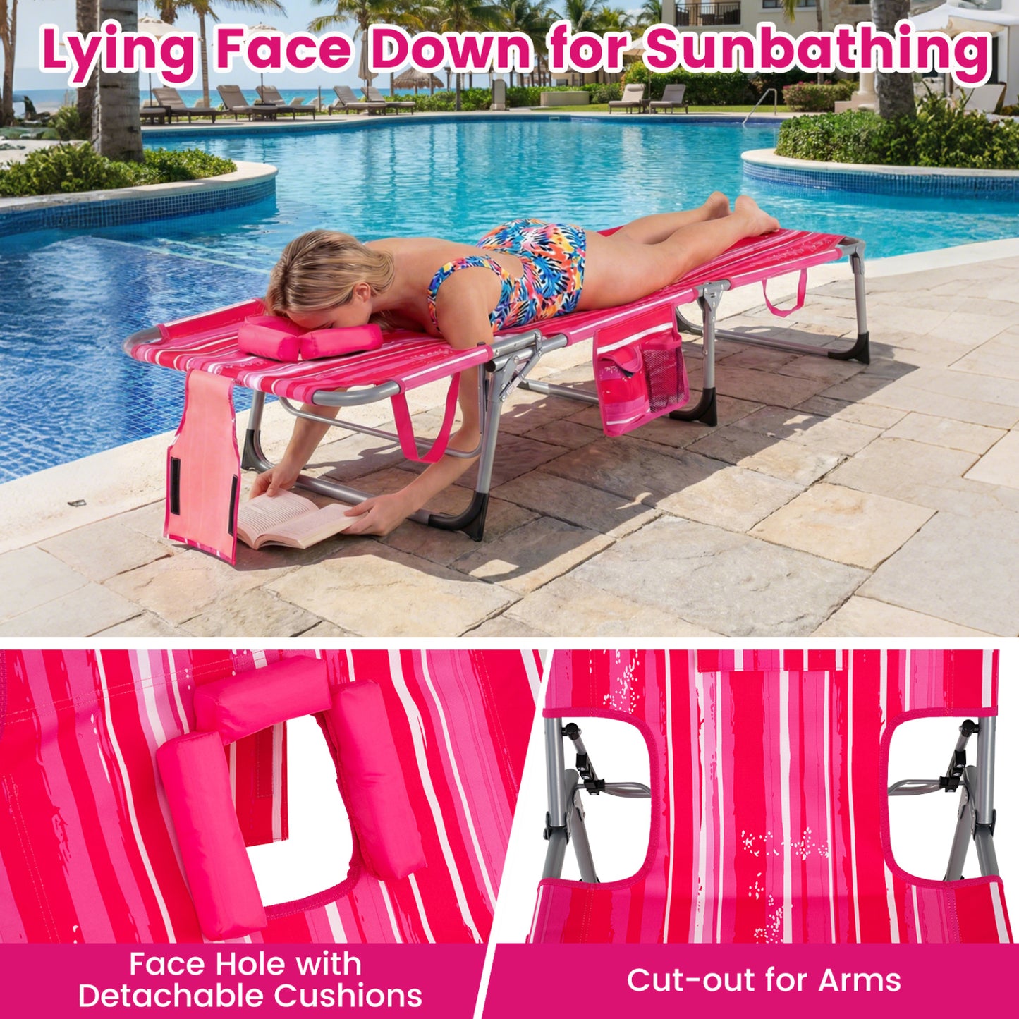 Folding Tanning Lounge Chair with Face and Arm Holes