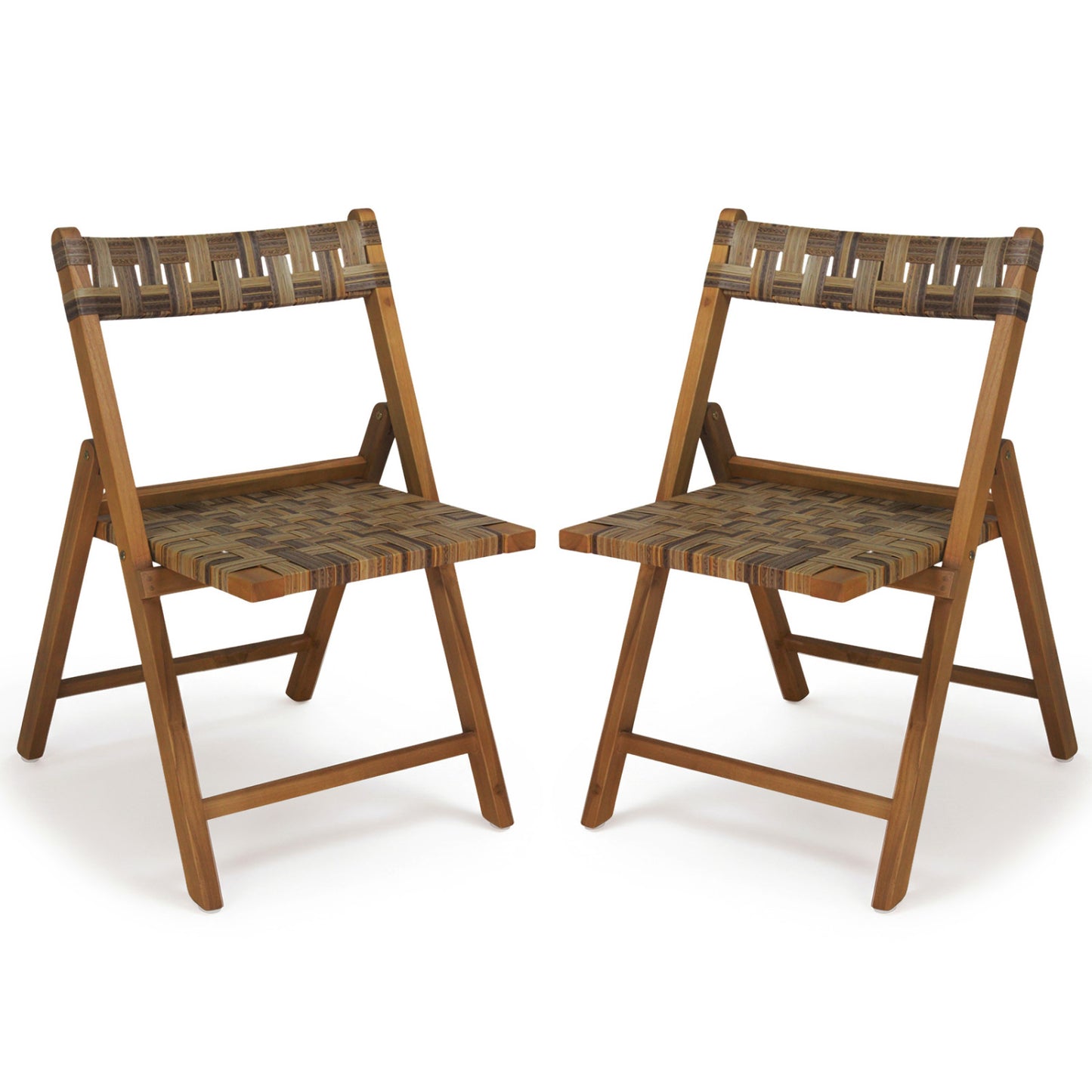 Teak Folding Patio Chairs Set of 2 with Woven Rattan