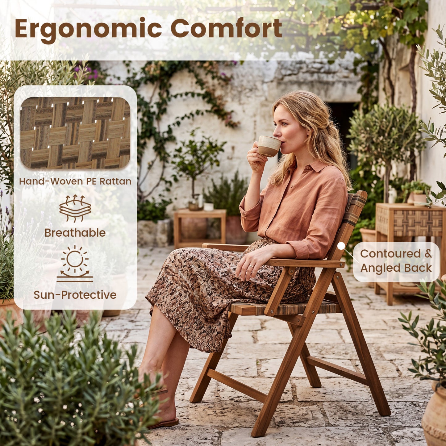 Teak Folding Patio Chairs Set of 2 with Woven Rattan