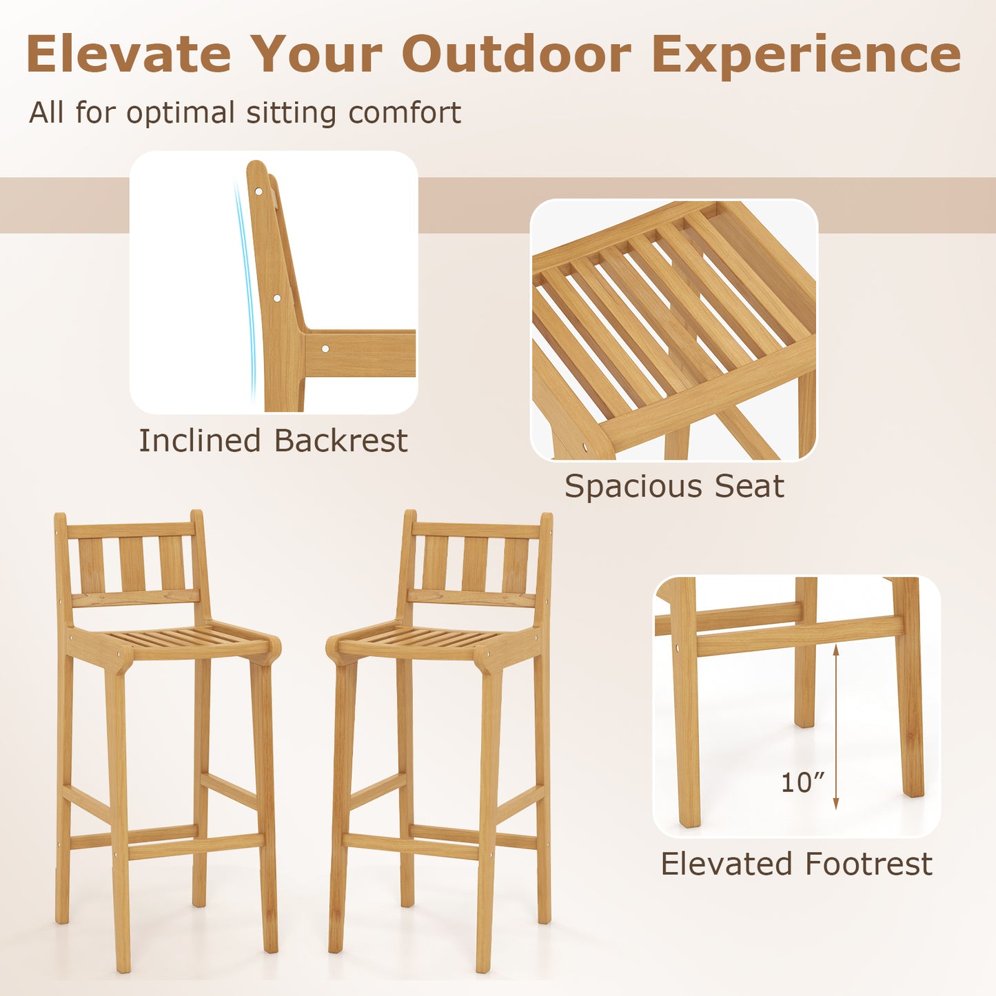 Teak Wood Bar Chair 30 Inch with Footrest and Backrest