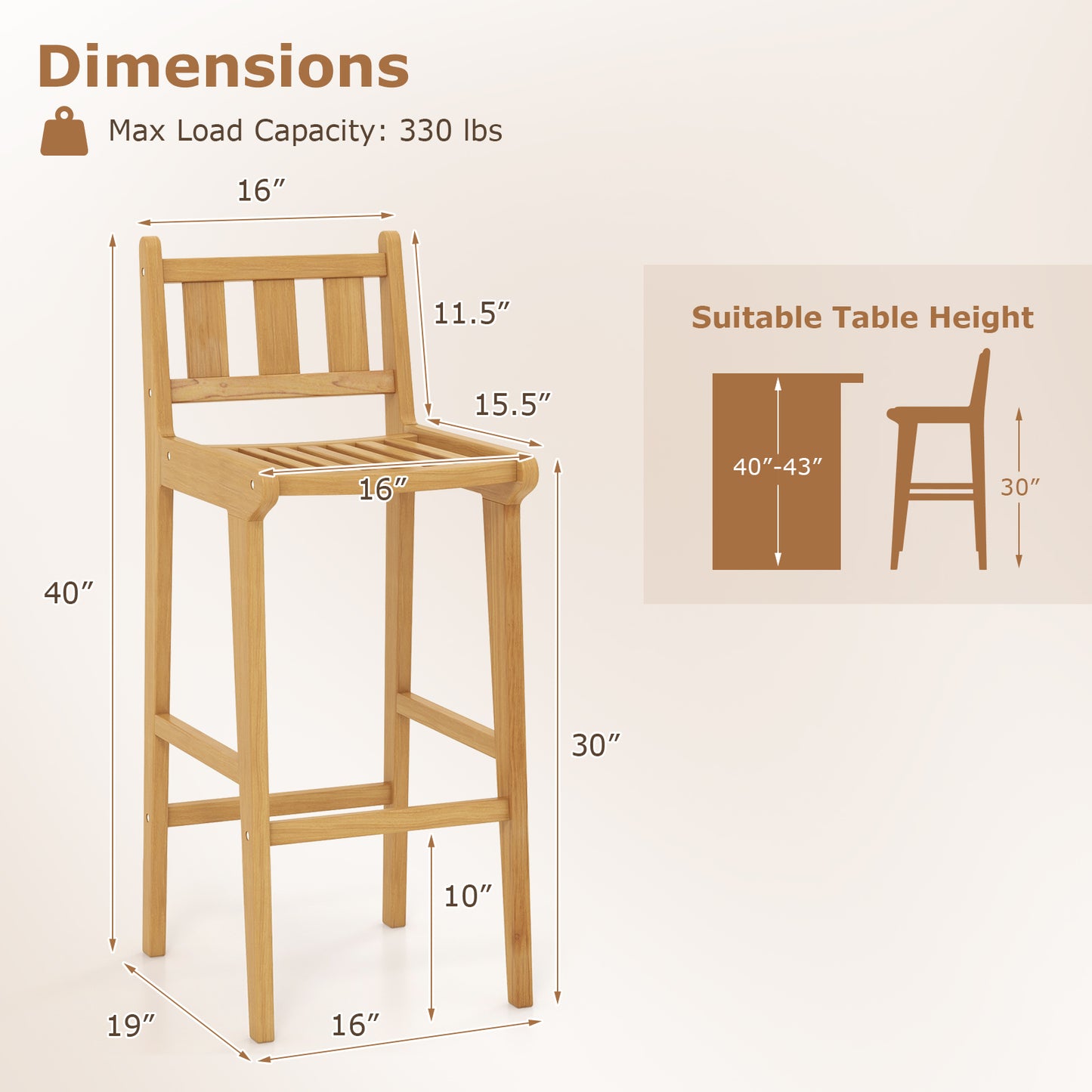 Teak Wood Bar Chair 30 Inch with Footrest and Backrest