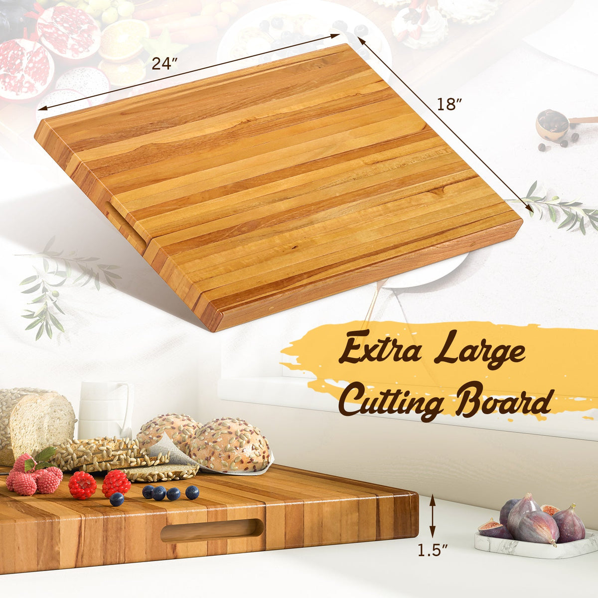 Teak Wood Cutting Board Extra Large 24 Inch Reversible Cutting Board with Handle