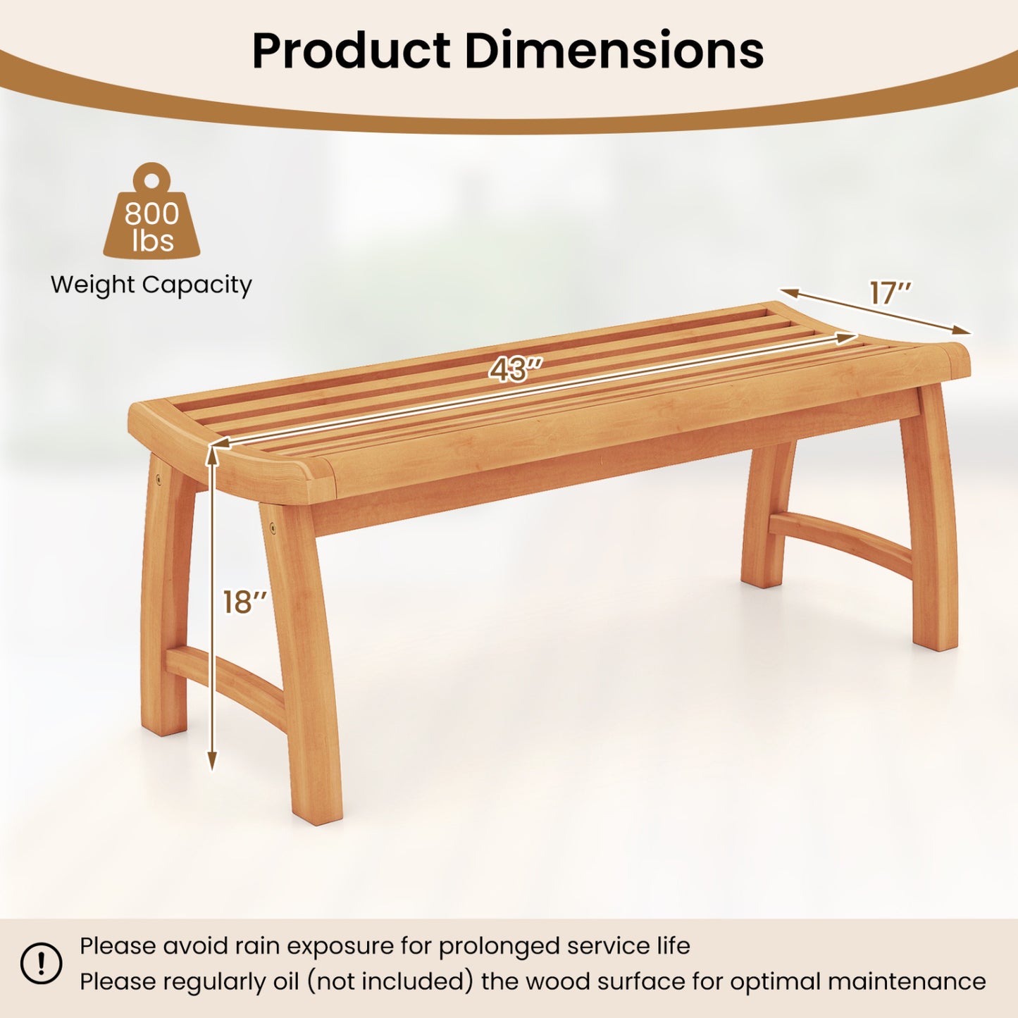 Teak Wood Backless Bench with Contoured Slatted Seat
