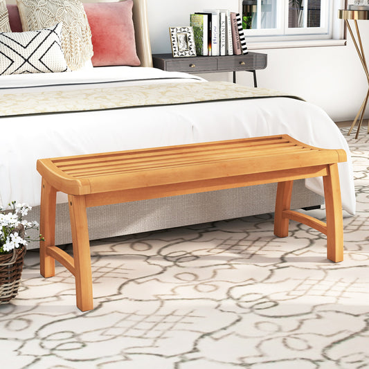 Teak Wood Backless Bench with Contoured Slatted Seat