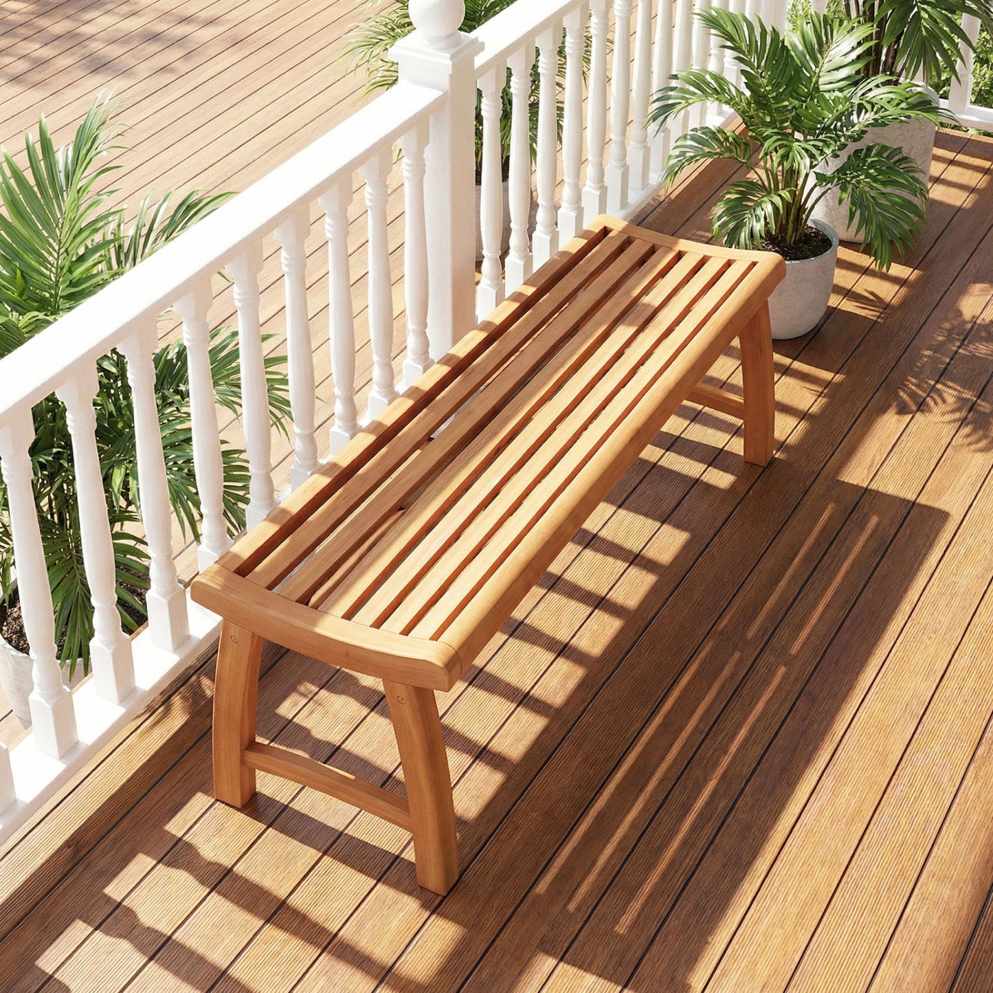 Teak Wood Backless Bench with Contoured Slatted Seat