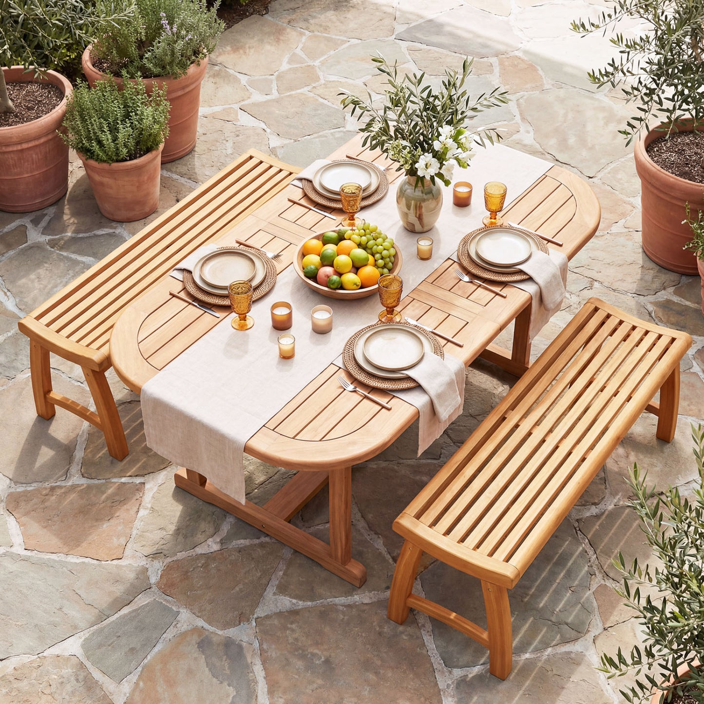 Teak Wood Backless Bench with Contoured Slatted Seat