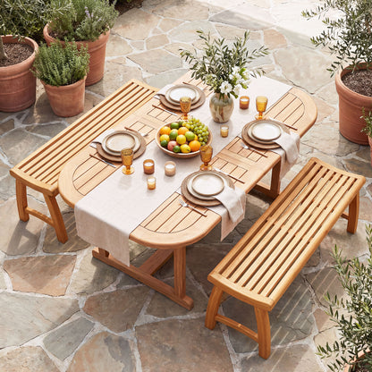 Teak Wood Backless Bench with Contoured Slatted Seat