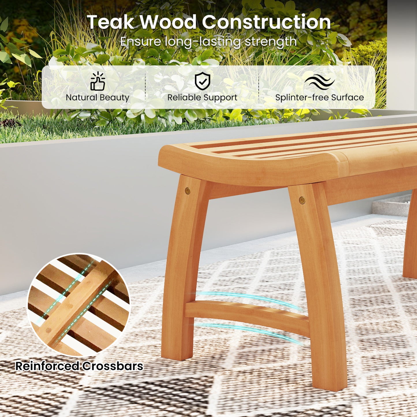 Teak Wood Backless Bench with Contoured Slatted Seat