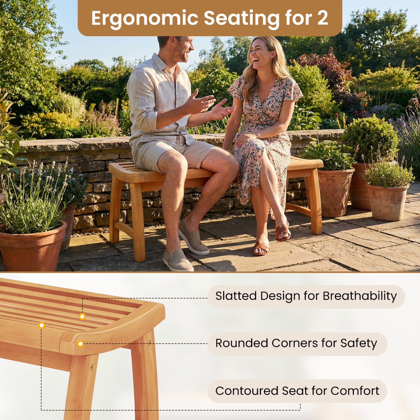 Teak Wood Backless Bench with Contoured Slatted Seat