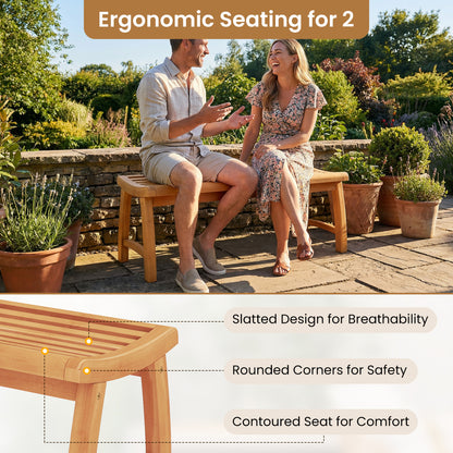 Teak Wood Backless Bench with Contoured Slatted Seat