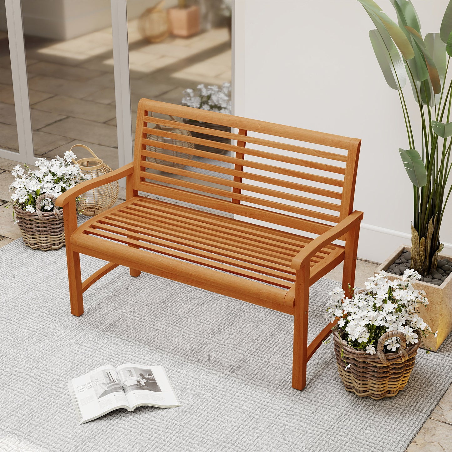 Teak Wood Garden Bench with Slatted Backrest - 47" Wide