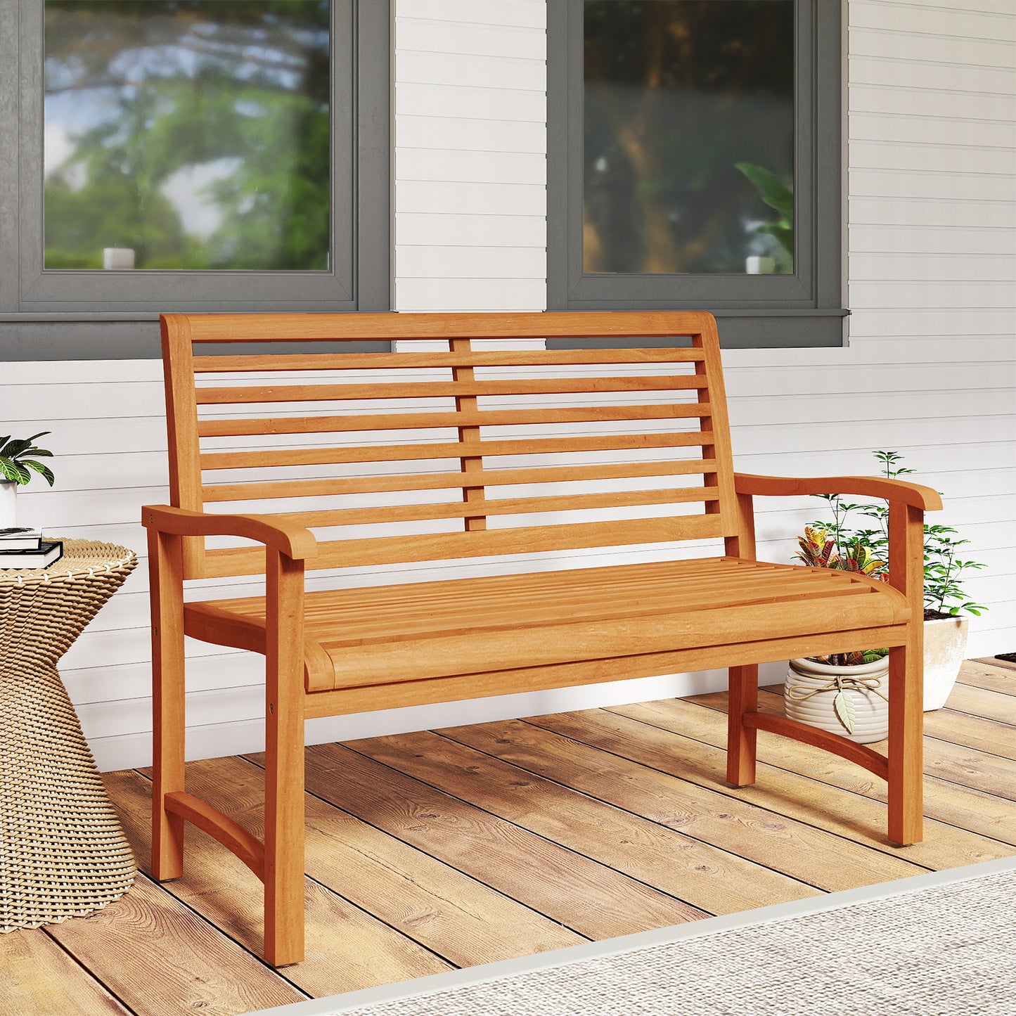 Teak Wood Garden Bench with Slatted Backrest - 47" Wide