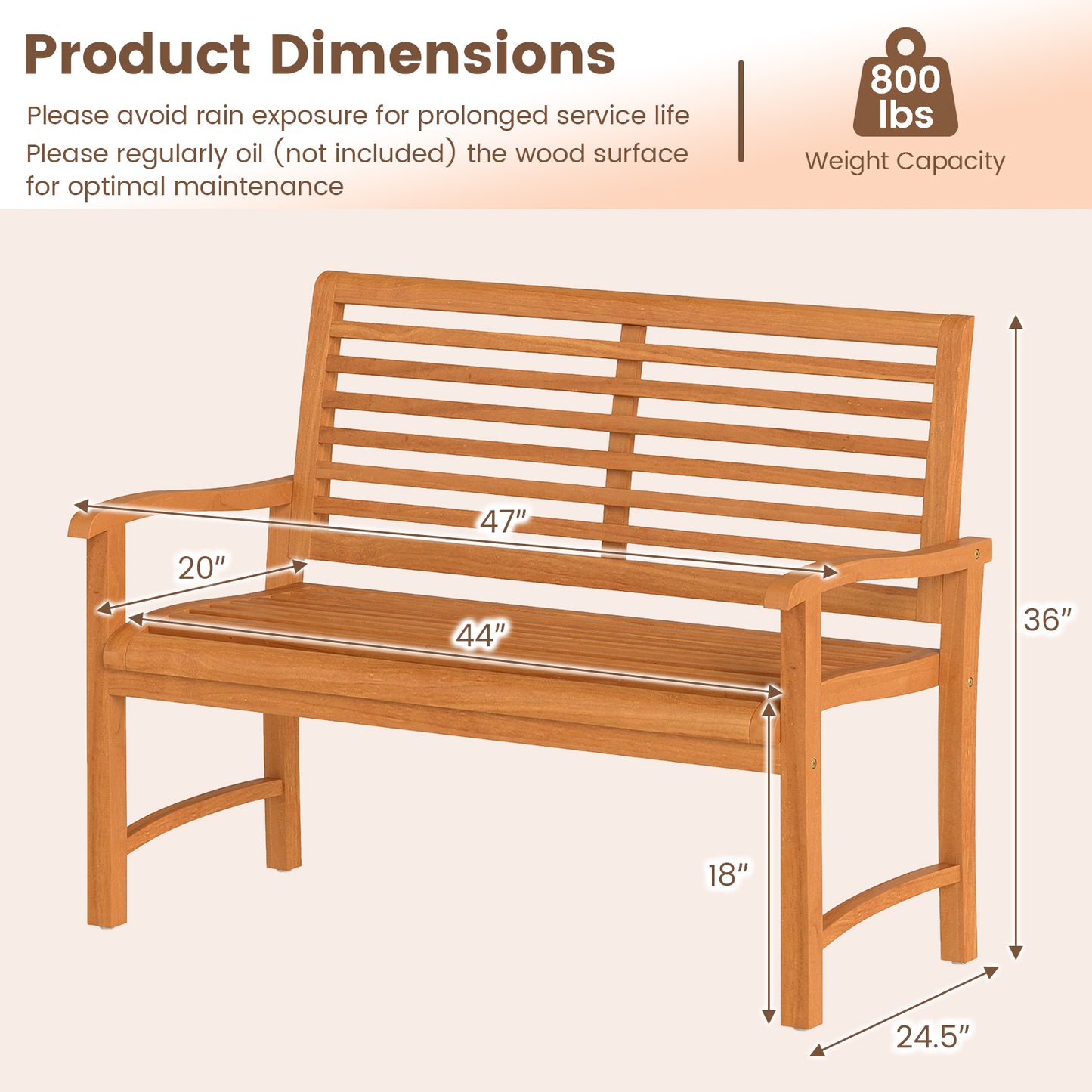 Teak Wood Garden Bench with Slatted Backrest - 47" Wide