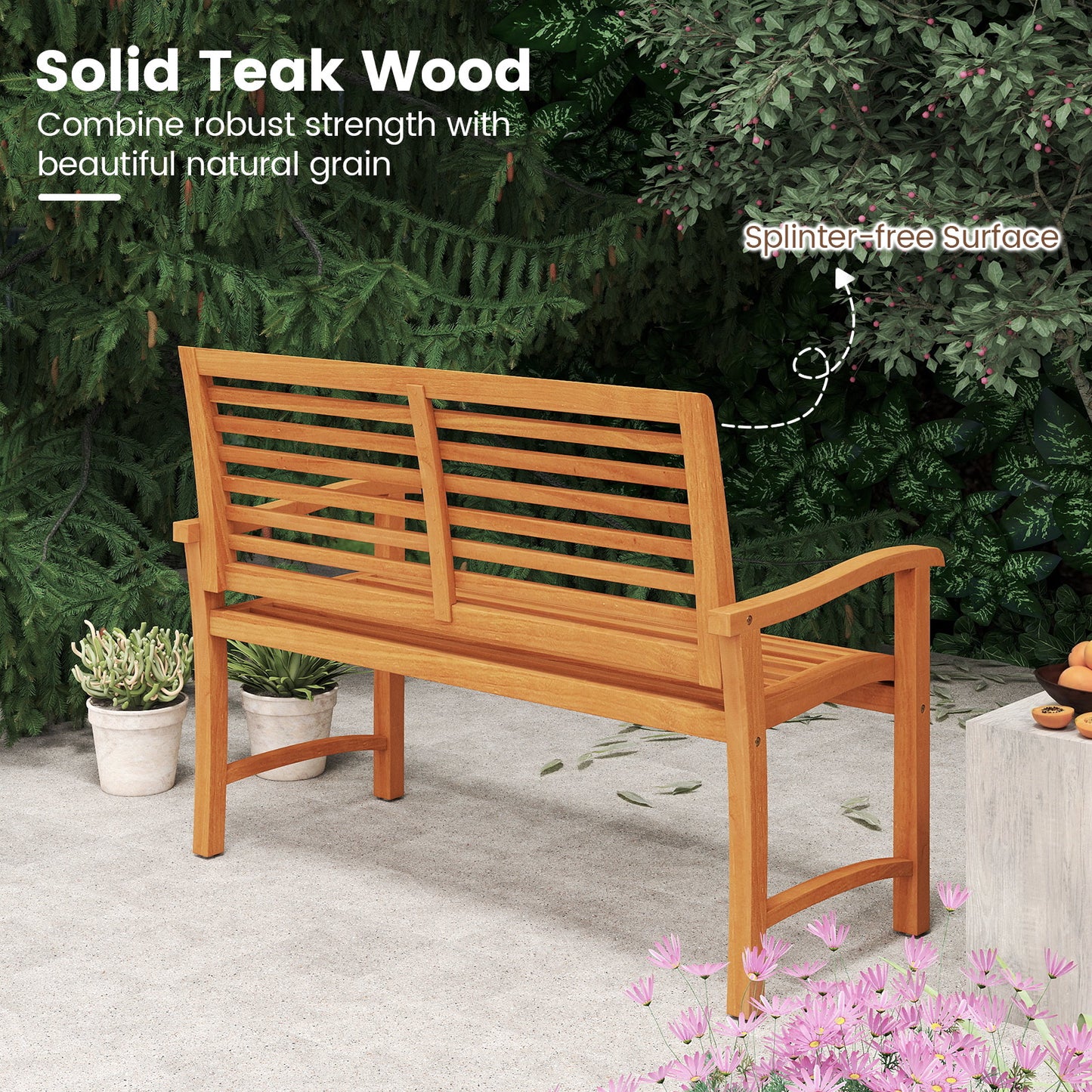 Teak Wood Garden Bench with Slatted Backrest - 47" Wide