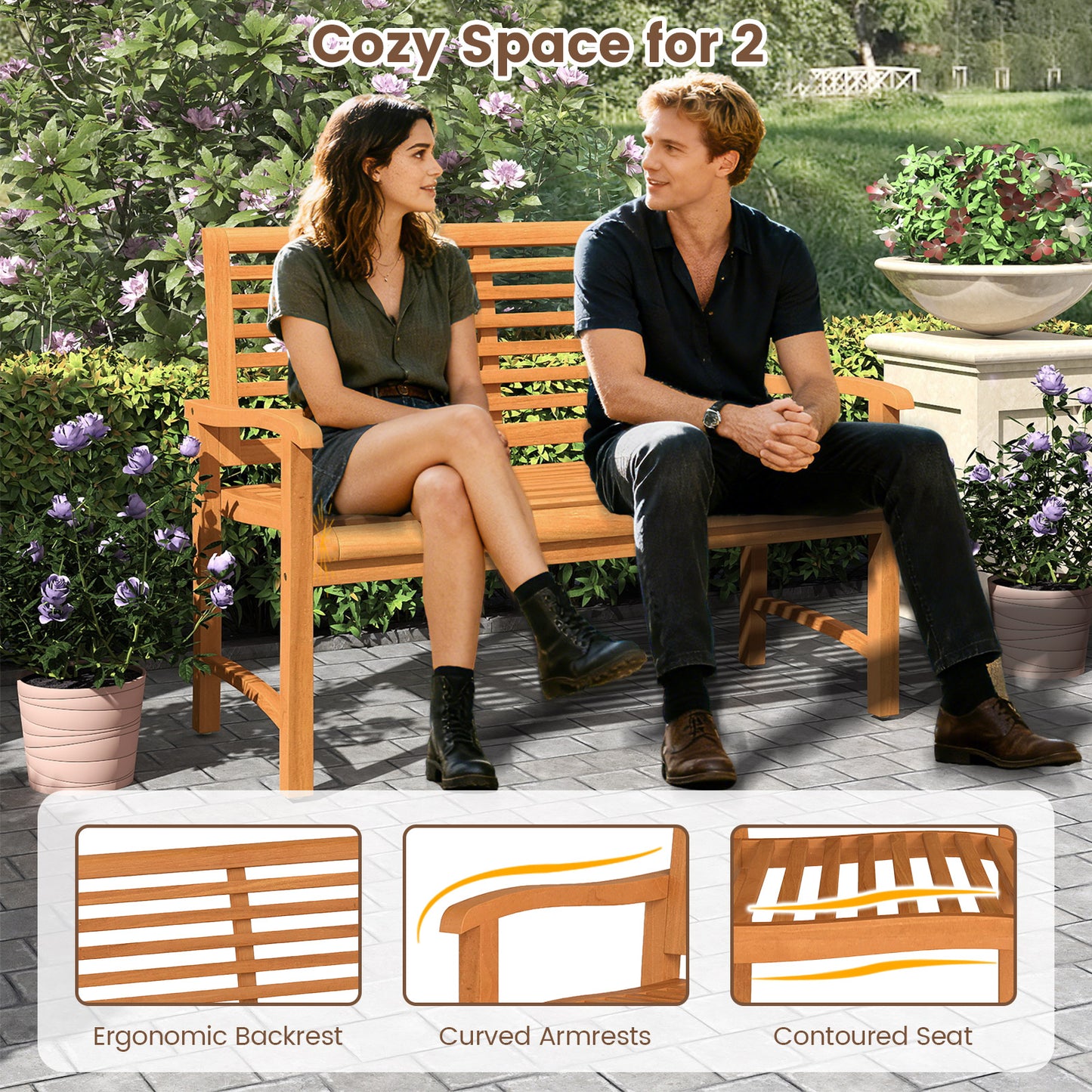 Teak Wood Garden Bench with Slatted Backrest - 47" Wide
