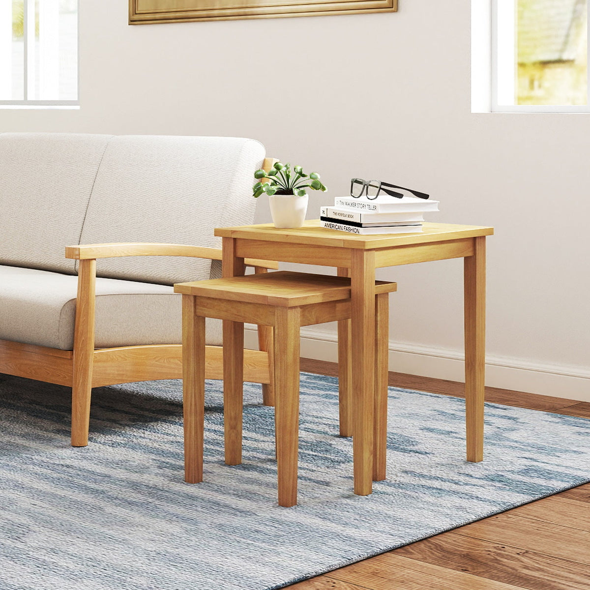2 Pieces Space Saving Design Teak Wood Outdoor Patio Nesting Table